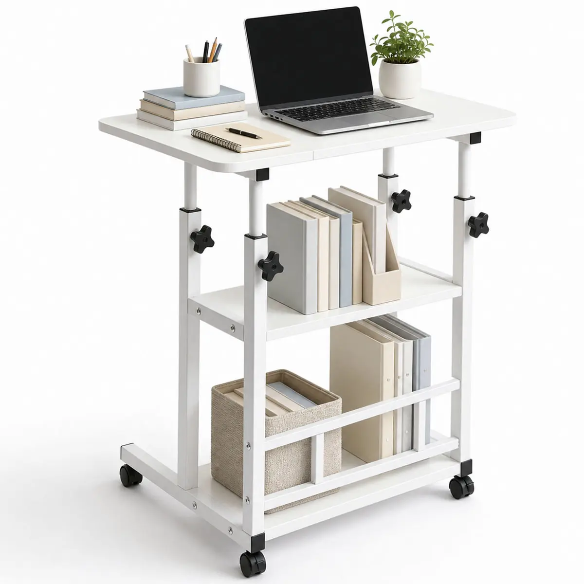 Modern 3-Tier Rectangular Adjustable Height Rolling Side Table - Wood-Metal Construction, 360° Rotation Castors, Mobile Laptop Desk, Portable Storage End Table, Small Space Furniture (Bedroom, Living Room)