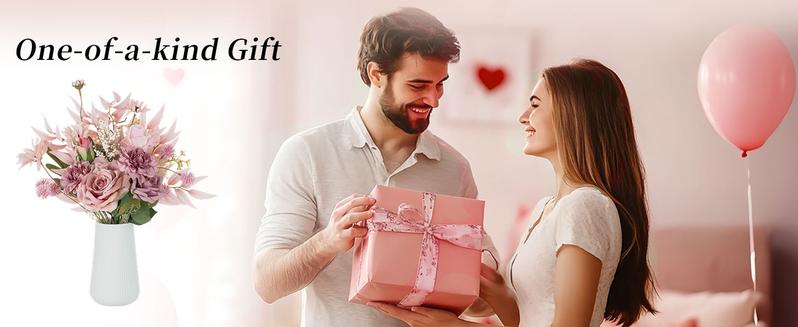 Dusty Pink Artificial Flowers in Ceramic Vase Home Decor - Fake Roses Faux Dahlias Bouquet Kitchen Dining Room Wedding Decoration arrangement