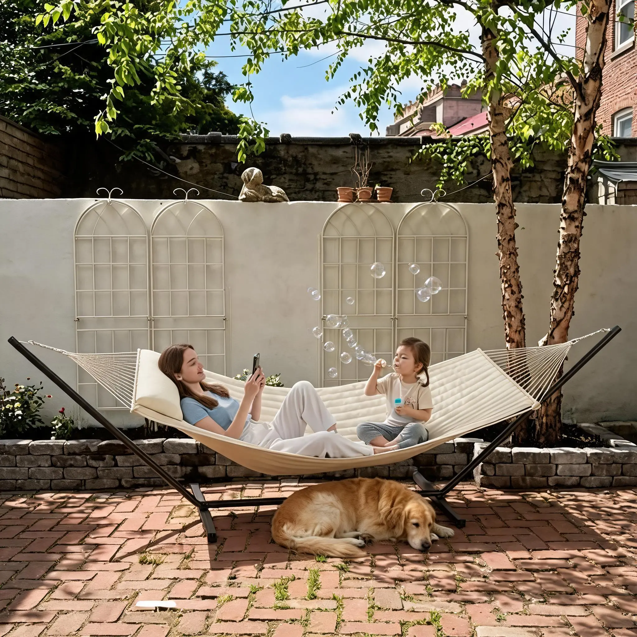 Double Hammock with Stand Included - 475lbs Heavy Duty 2 Person Hammock with Quilted Fabric Pad & Pillow - Hardwood Spreader Bar & 12FT Portable Steel Stand for Backyard, Patio, Indoor