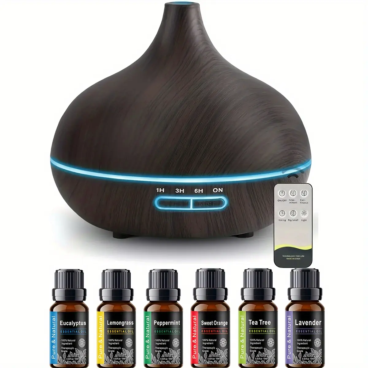 18.6oz Aromatherapy Essential Oil Diffuser Wood Grain Remote Control Ultrasonic Air Humidifier Cool 7 Color LED Light With 6 Oils,dorm essentials,home essentials