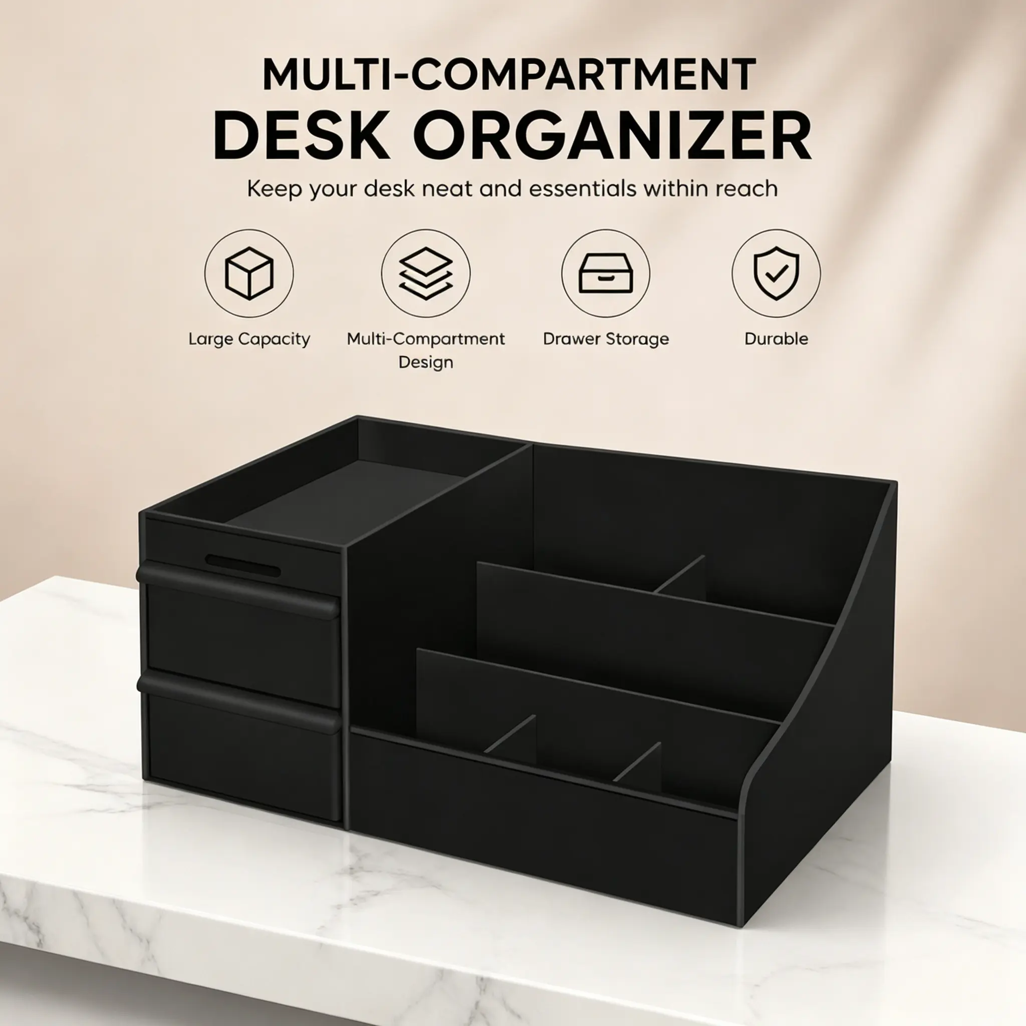 Multi Compartment Desktop Organizer with 2 Drawers - Large Capacity Freestanding Desk Accessory, Waterproof Matte Computer Accessories for Desk, Compact Reusable Makeup Storage Solutions for Vanity Countertop, Beauty Organization Tool for Organized Setup