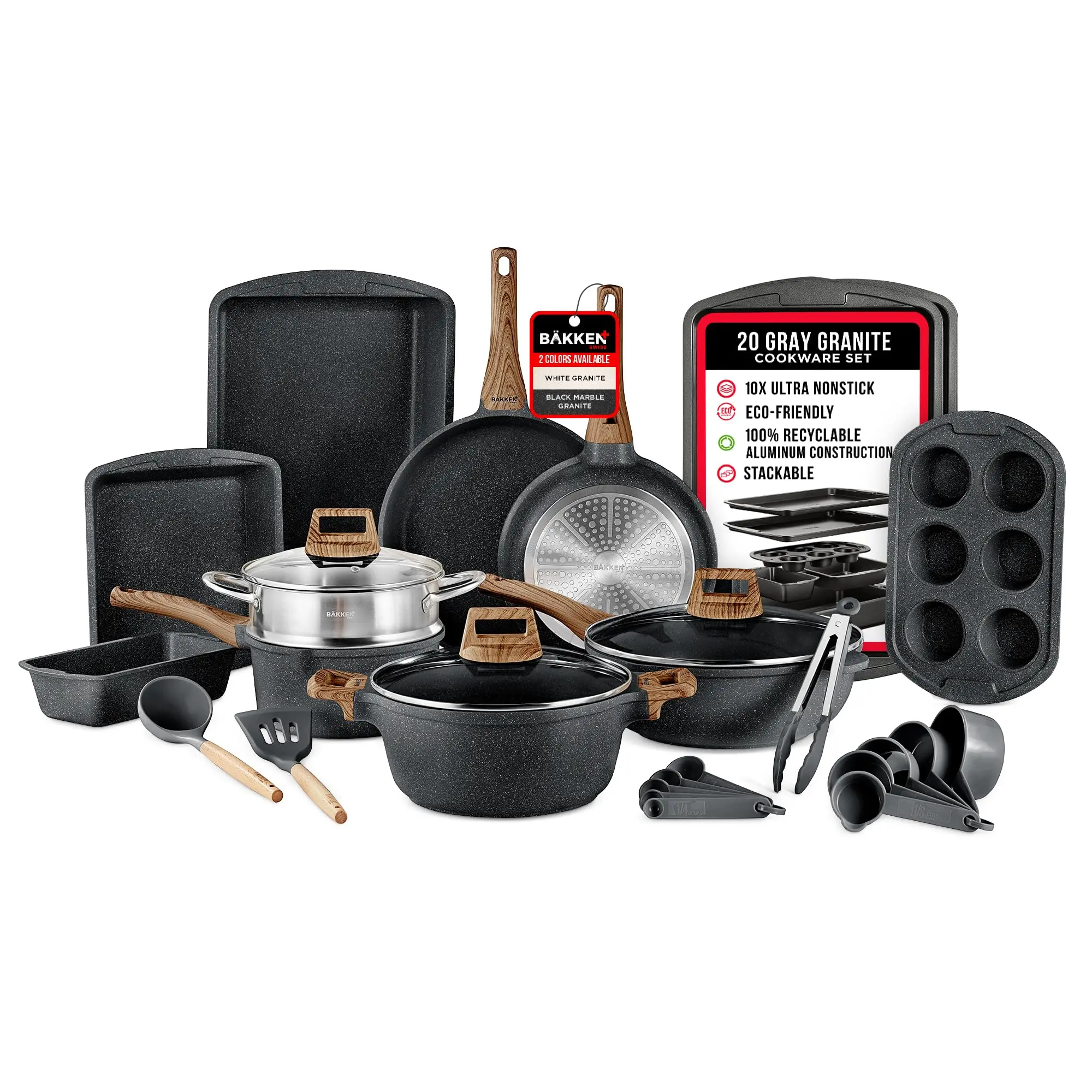 Bakken-Swiss 20-Piece Aluminium Granite Marble Non-Stick Kitchen Cookware Set - Eco-Friendly, Handle-Equipped, Transparent Glass Lids, Even Heat Distribution, Durable, Oven-Safe for All Stoves Including Induction