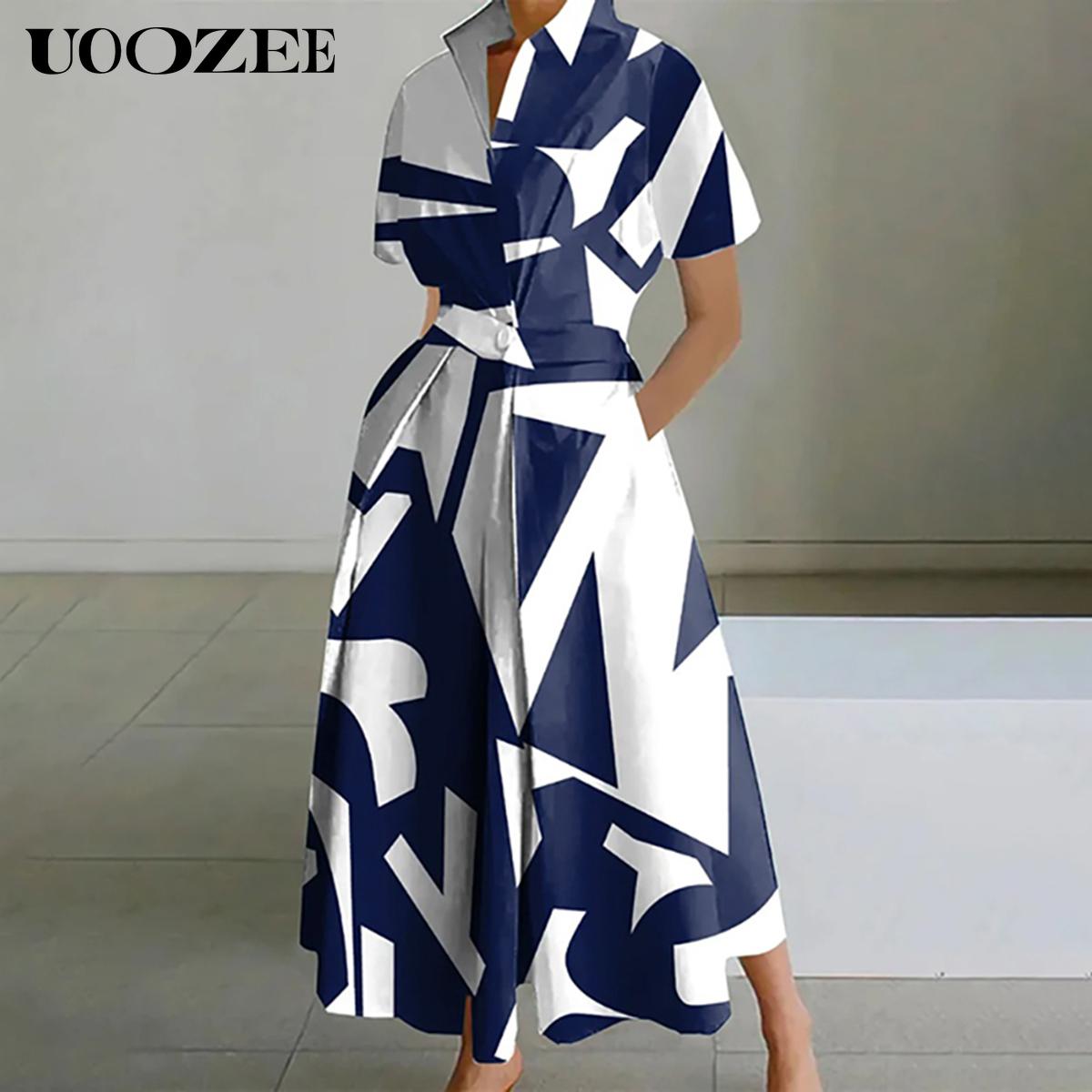 UOOZEE women's long-sleeved loose solid color lapel midi dress, waist design, comfortable and elegant, a must-have for commuting and formal occasions Midi Cloth, with pockets Modest Clothes SpringStatements