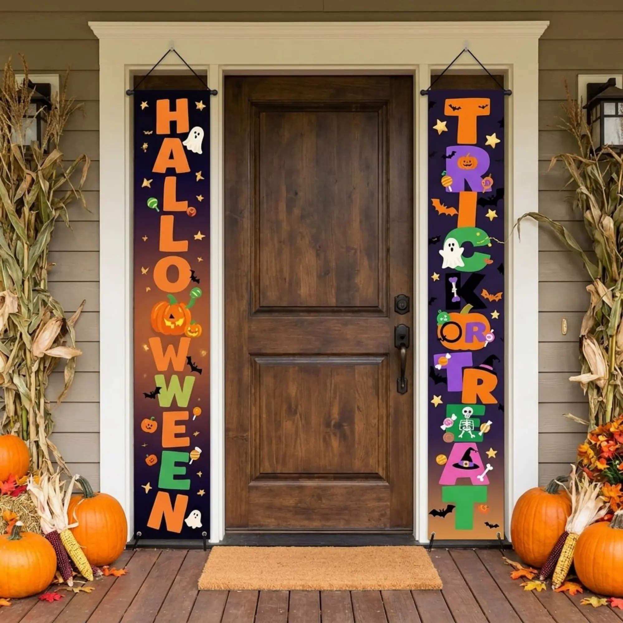 Halloween Door Curtain Banner Set, Trick or Treat Porch Sign, Halloween Welcome Hanging Banner, Outdoor Front Door Decoration, Vertical Porch Decor for Home