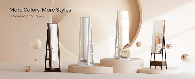 SONGMICS LEDs Lockable Jewelry Mirror Cabinet,Standing Jewelry Armoire,, Frameless Full-Length Mirror, 3 Storage Shelves Christmas Gifts Decor