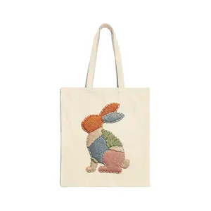 Patchwork Rabbit Tote Bag Easter Bunny Tote Bag Cute Easter Tote Bag Cotton Canvas Tote Bag Reusable Shopping Tote Bag Animal Canvas Tote Bag Easter Gift Tote Bag