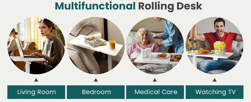 Overbed Bedside Table with Wheels, Mobile Standing Stand Up Rolling Laptop PC, Adjustable Height Tray, Side Computer Workstation for Home Use