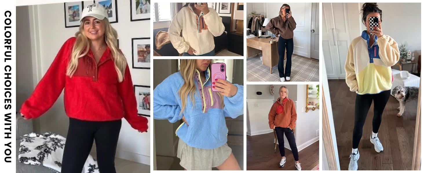 UANEO Women's Lightweight Fleece Pullover Jacket Cropped Fall Winter Fuzzy Sherpa Jacket Sweatshirt Coat with Pockets Casual Long Sleeve Womenswear