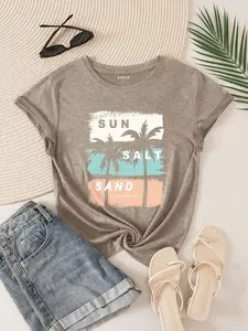INAWLY Women's Summer Palm Tree & Letter Print Crew Neck Short Sleeve Casual T-Shirt SUN SALT SAND SEASIDE PARADISE HAWAII Graphic Tees Women Tops