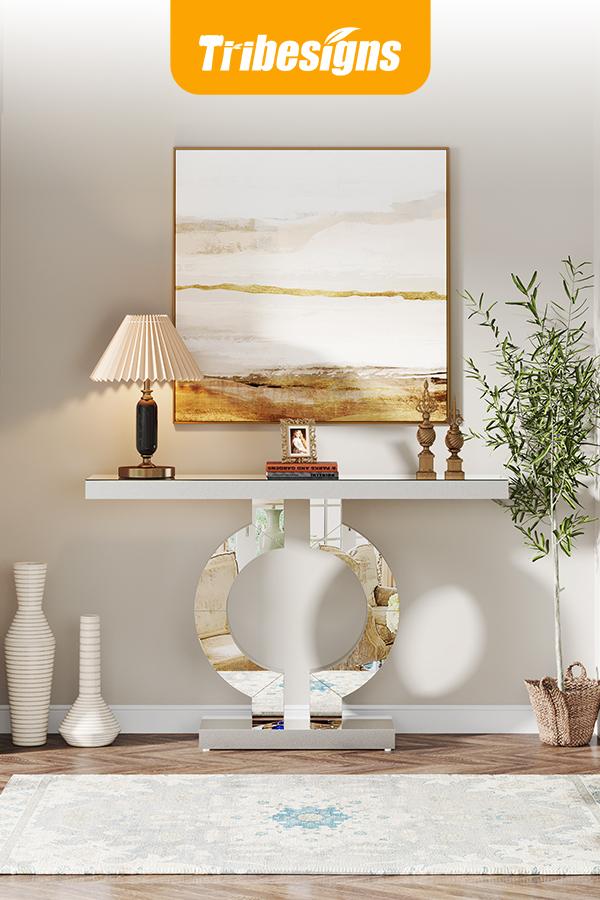 【Radiance Series】Tribesigns Mirrored Console Table with O-Shaped Base, Silver, Entryway Table for Living Room Hallway Entrance, 43-Inch