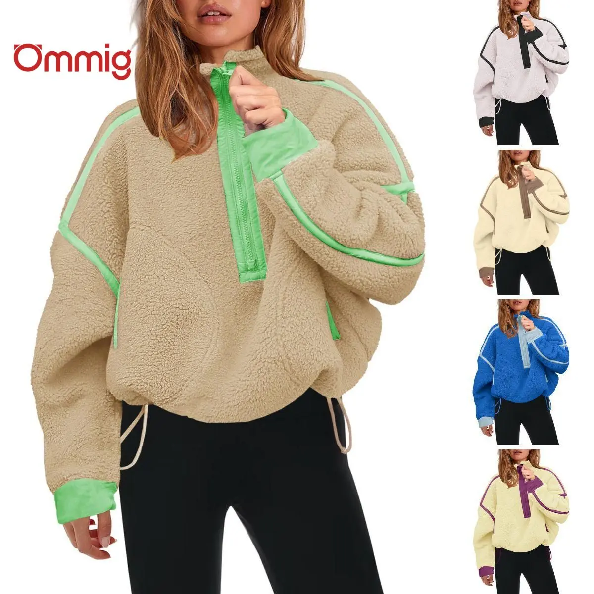 Ommig Sherpa Sweatshirt for Women, Fuzzy Teddy Fleece Half-Zip Pullover with Zipper Pockets for Leggings Style, Fluffy, Outdoor, Long Sleeve, Fit, Collared, Soft