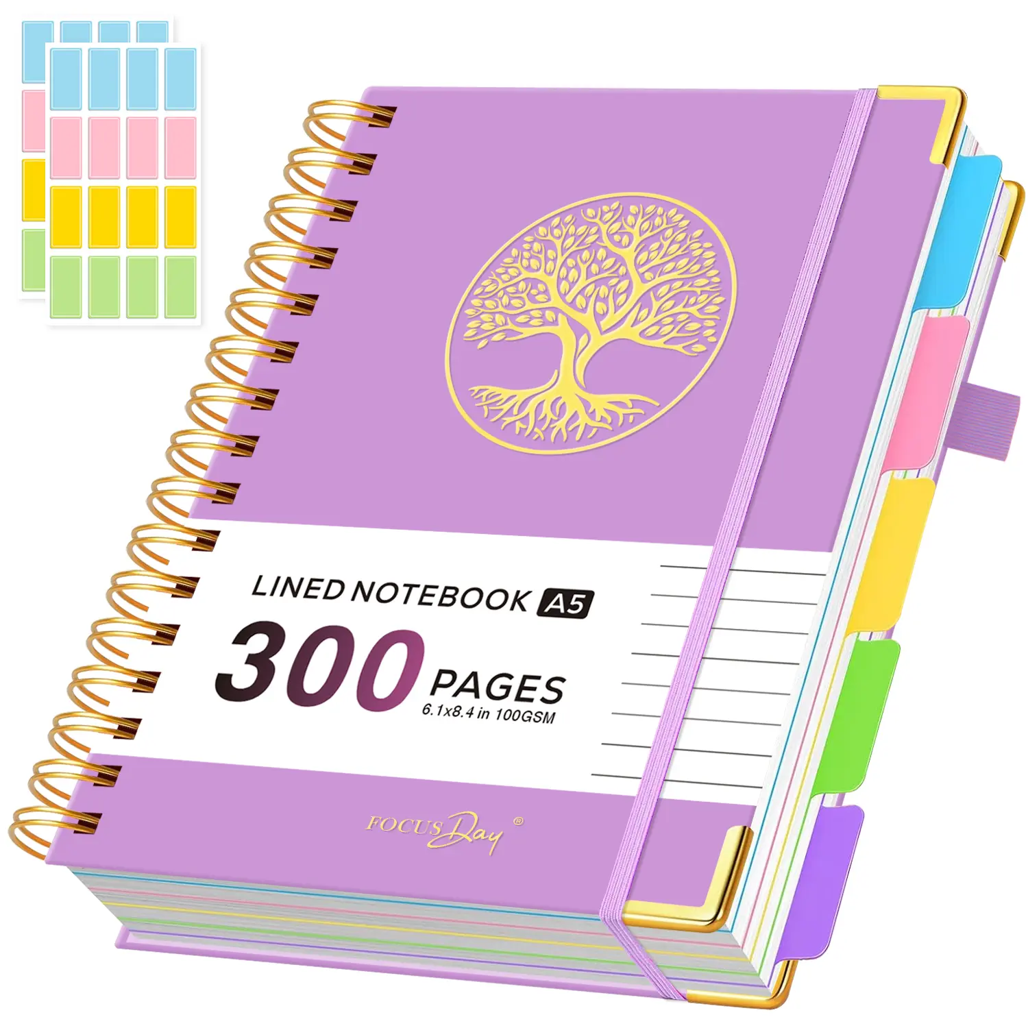 5 Subject Notebook College Ruled, 300 Pages Hardcover Spiral Bound Notebook Journal with Removable Dividers Tabs, 2 Stickers, A5 Lined Notebook for Note Taking & Organizer, 6.1" X 8.4"