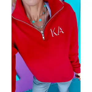 Red Initial Embroidered Quarter Zip Pullover