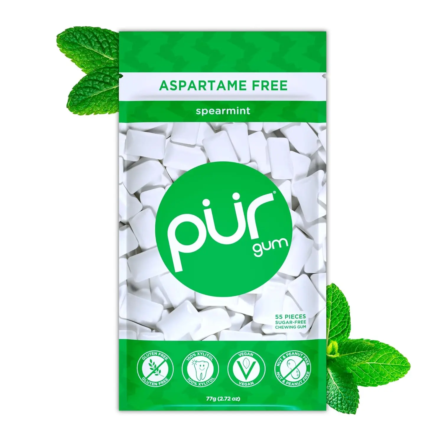 PUR Gum  Aspartame Free Chewing Gum  100% Xylitol  Natural Spearmint Flavored Gum, 55 Pieces (Pack of 1)