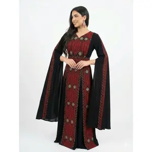 Elegant Black Maxi Dress with Red Embroidery – Batwing Sleeve Dress