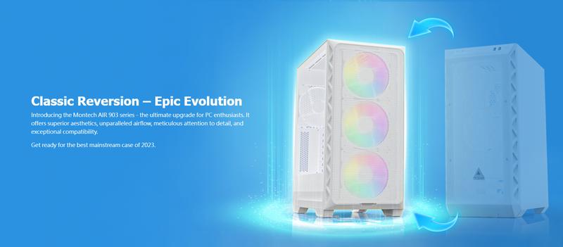 Montech AIR 903 MAX, E-ATX Mid Tower Case, High Airflow, 3x 140mm ARGB PWM & 1x 140mm PWM Fans Pre-installed, Tempered Glass Side Panel, Mesh Front, TYPE-C, Support 4090 GPUs, White