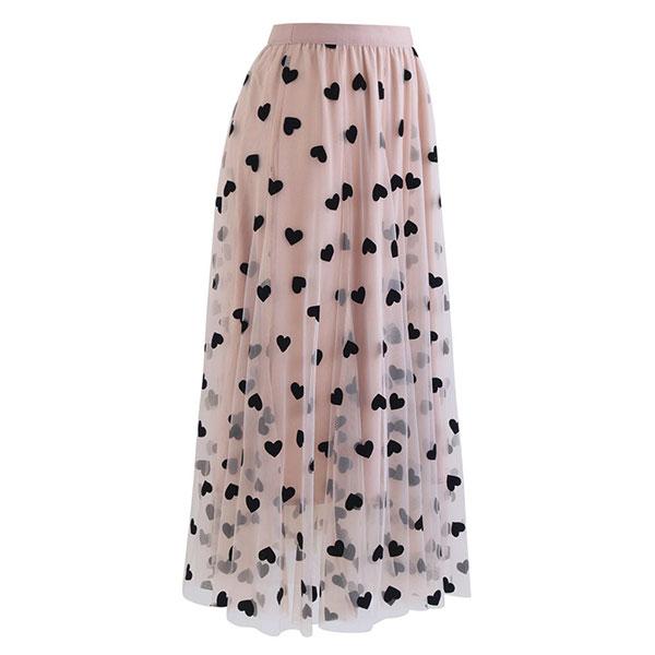 3D Heart Double-Layered Mesh Maxi Skirt – Flowy Tulle with Heart Details, Velvet Trim, Ethereal Silhouette, Elastic Waist, Perfect for Date Night, Parties & Special Occasions, Evening Wear