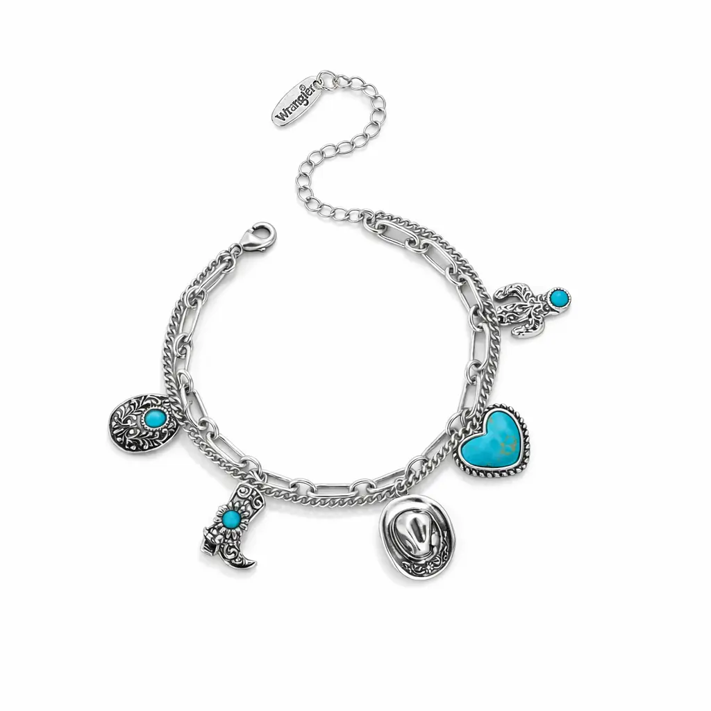 Wrangler 14k Gold/Silver Plated Western Cowboy Charm Bracelet Adjustable Layered Chain with Boot Hat Cactus & Heart Charms Boho Southwestern Fashion Jewelry