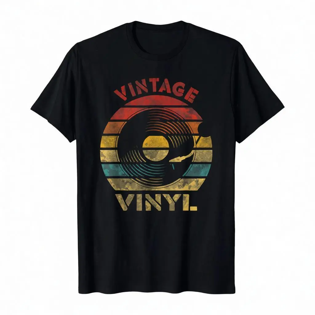 Vintage Vinyl Record Retro Sunset Distressed Graphic Black Crew Neck T-Shirt Music Lover Casual Tee (No Box Included)