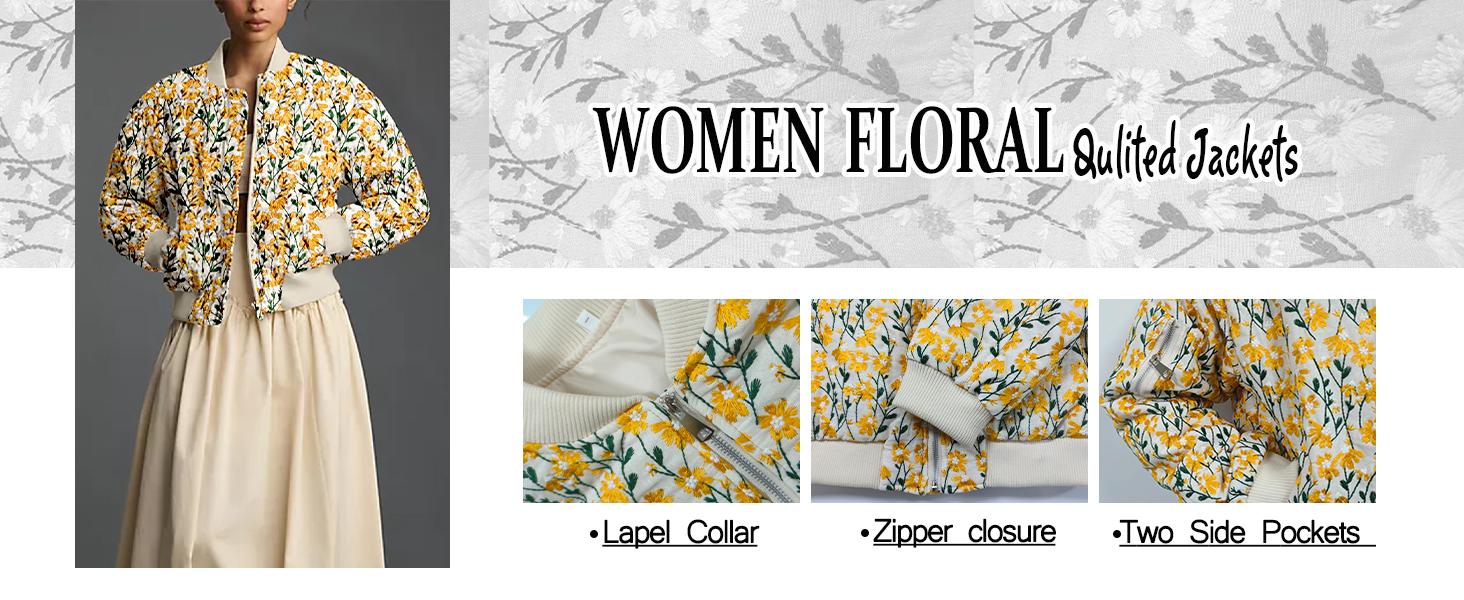 2026 Women's Ramie Linen Embroidered Daisy Cropped Bomber Jacket with Quilted Puffer Sleeves & Two Side Pockets Casual Springfresh Outerwear..