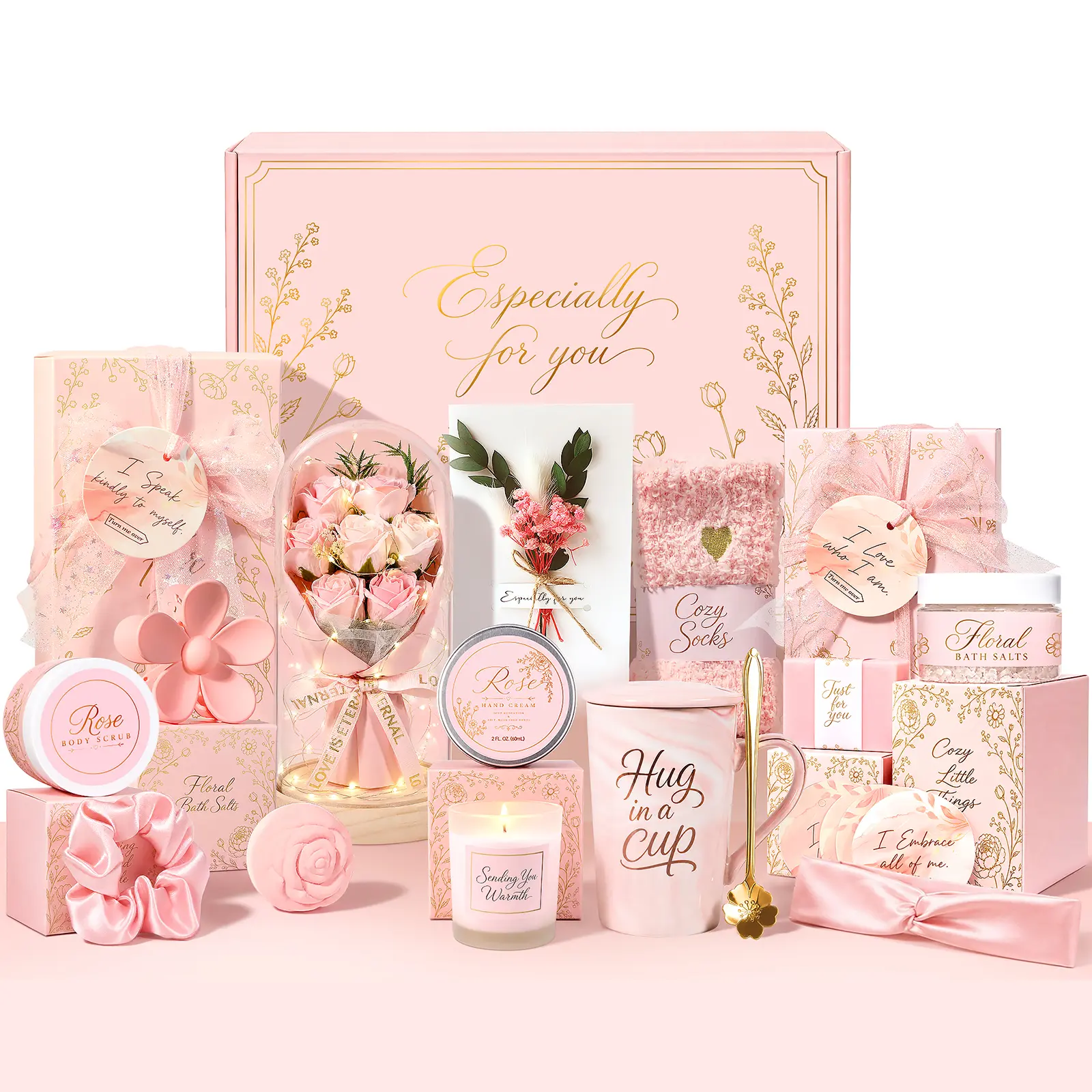 BodyRefresh Christmas Gifts for Women, 15-Piece Luxury Rose Body Care Gift Basket, Self Care Spa Gift Set, Relaxing Holiday Gift for Mom Wife Her