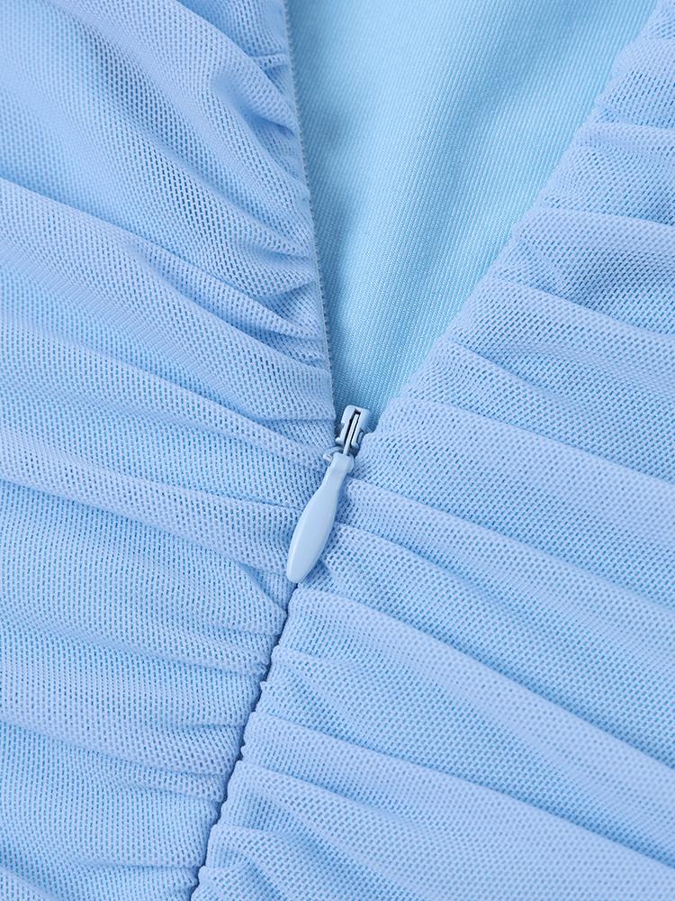 Off-neck Backless Bell Sleeve Ruched Bodycon Mesh Dress，Elegant Intellectual and Fashionable Party Dress