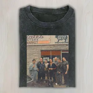 The Sopranos Family Outside Satriale’s Market Graphic T-Shirt, Iconic Mafia Crew Moment From The Sopranos TV Series, Vintage Crime Drama Streetwear For Fans, Unisex Cotton Crewneck T-Shirt Menswear Womenswear Streetwear Top