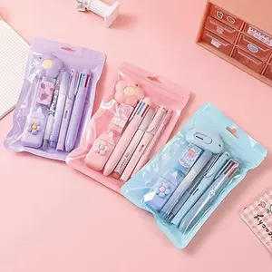 7 Pcs Cute Purple Stationery Set Kawaii School Supplies Office Kit, Including Ballpoint Pen, Pencil, Highlighter, Correction Tape, Ruler, Utility Knife