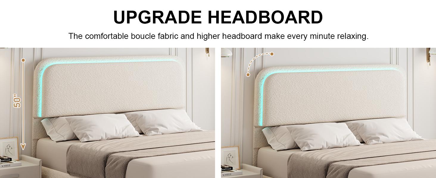 New Arrival Queen LED Bed Frame with 2 Drawers, Teddy Fleece Rounded Upholstered Platform, Headboard, No Box Spring, Quiet, Easy Assembly-Cream,Pink