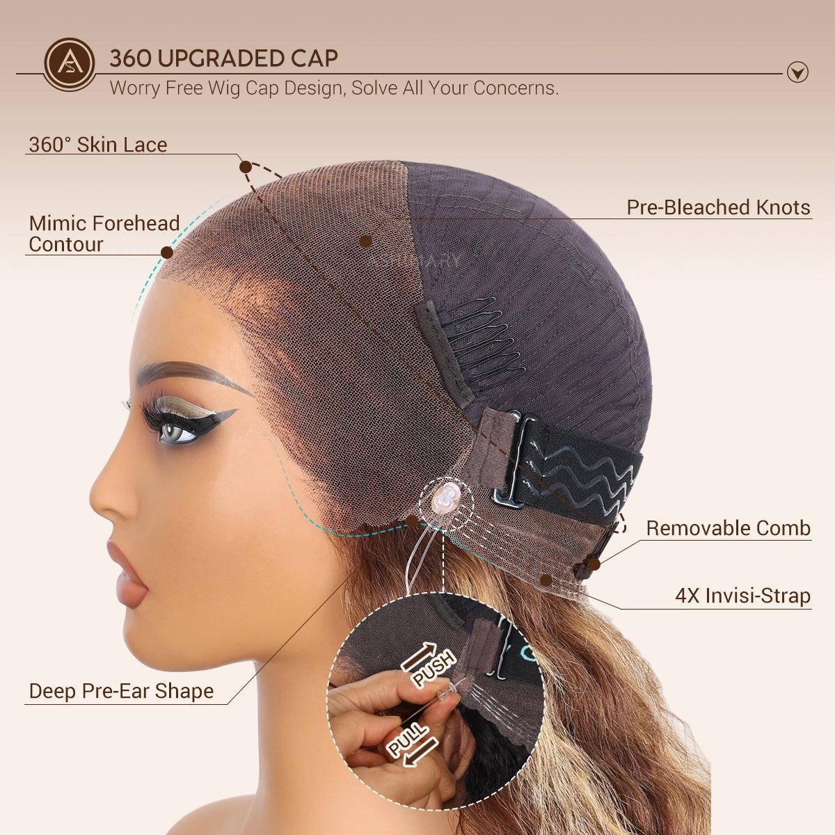 Hot Selling 360 Wig P4/27 Highlight Ombre Color Ashimary Invisi-Strap 360 Skin Lace Wig Water Wave Glueless Human Hair Pre Plucked SpringStatements