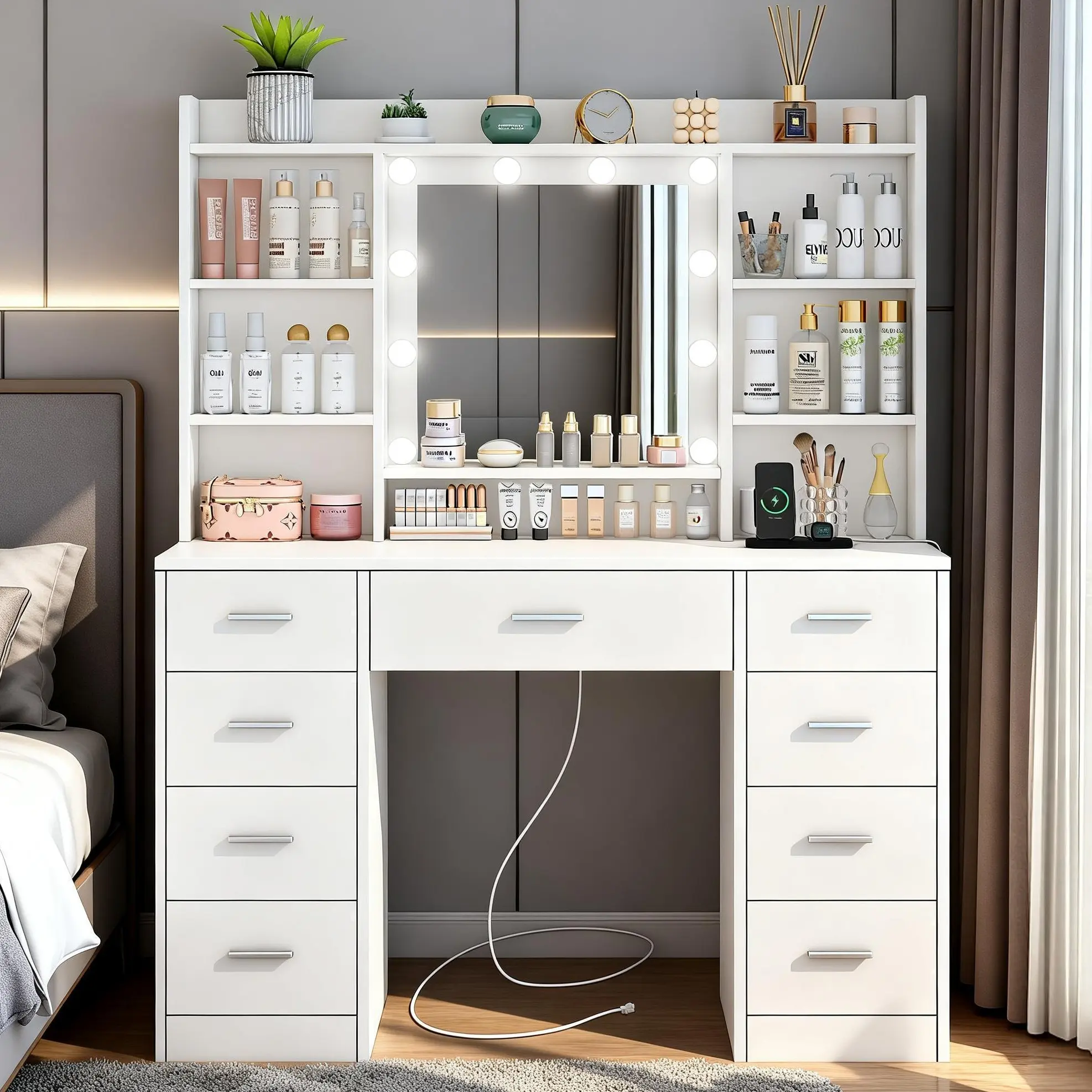 Fabiula Sturdy Large Lighted Makeup Vanity Table - Modern White Waterproof Engineered Wood Vanity Desk with Mirror, 9 Drawers, Storage Shelves, Power Outlet for Bedroom Indoor Furniture, Vanity Desk With Mirror And Lights,dorm essentials,home decor campin