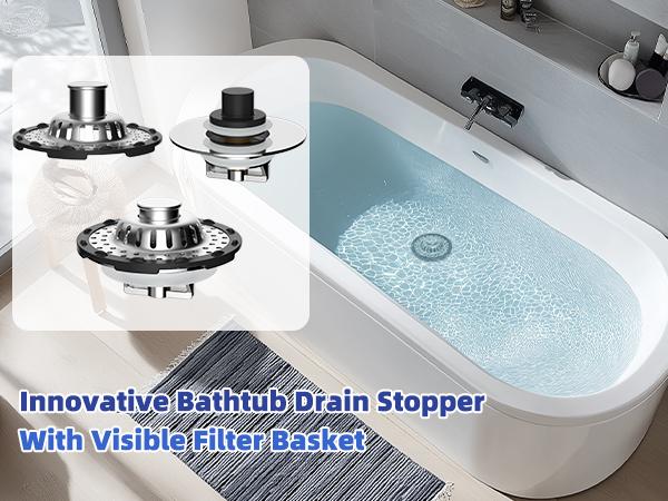 Hibbent Bathtub Drain Stopper with Visible Top Hair Catcher, Innovative 3 in 1 Pop-up Bathtub Strainer Fit for Standard 1.5 to 2.4in Drain Hole, with Detachable Stainless Steel Filter Basket, Chrome Hibbent Bathtub Drain Stopper with Visible Top Hair Catcher, Innovative 3 in 1 Pop-up Bathtub Strainer Fit for Standard 1.5 to 2.4in Drain Hole, with Detachable Stainless Steel Filter Basket, Chrome
