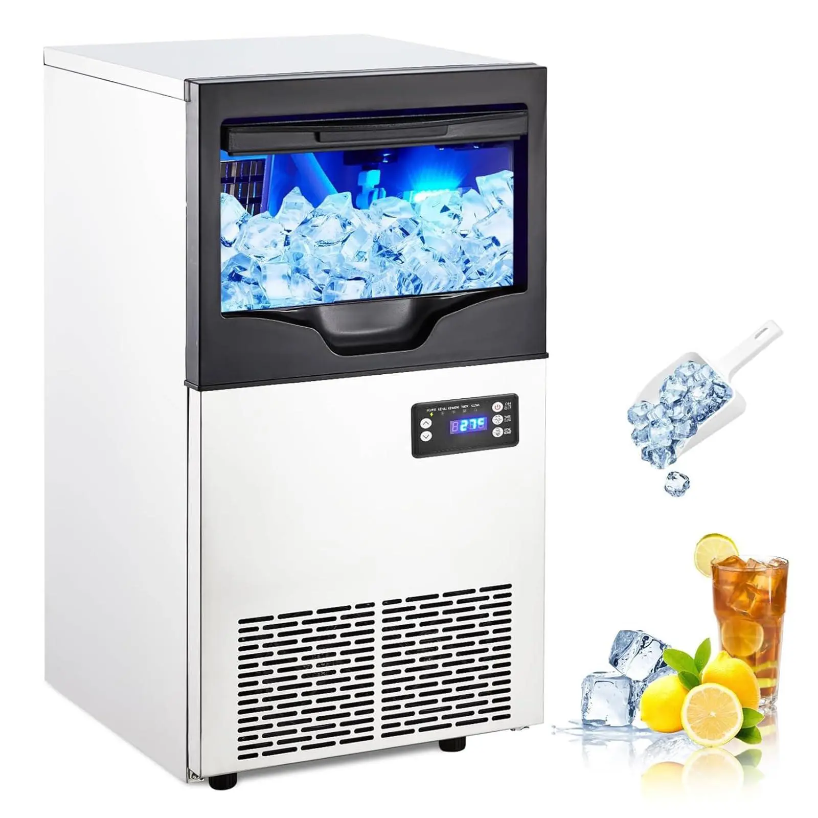 100 LBS/24Hrs Commercial Ice Maker, 100 LBS Storage, Under Counter/Freestanding, LCD Controller, Self-Cleaning, Stainless Steel for Restaurants/Bars