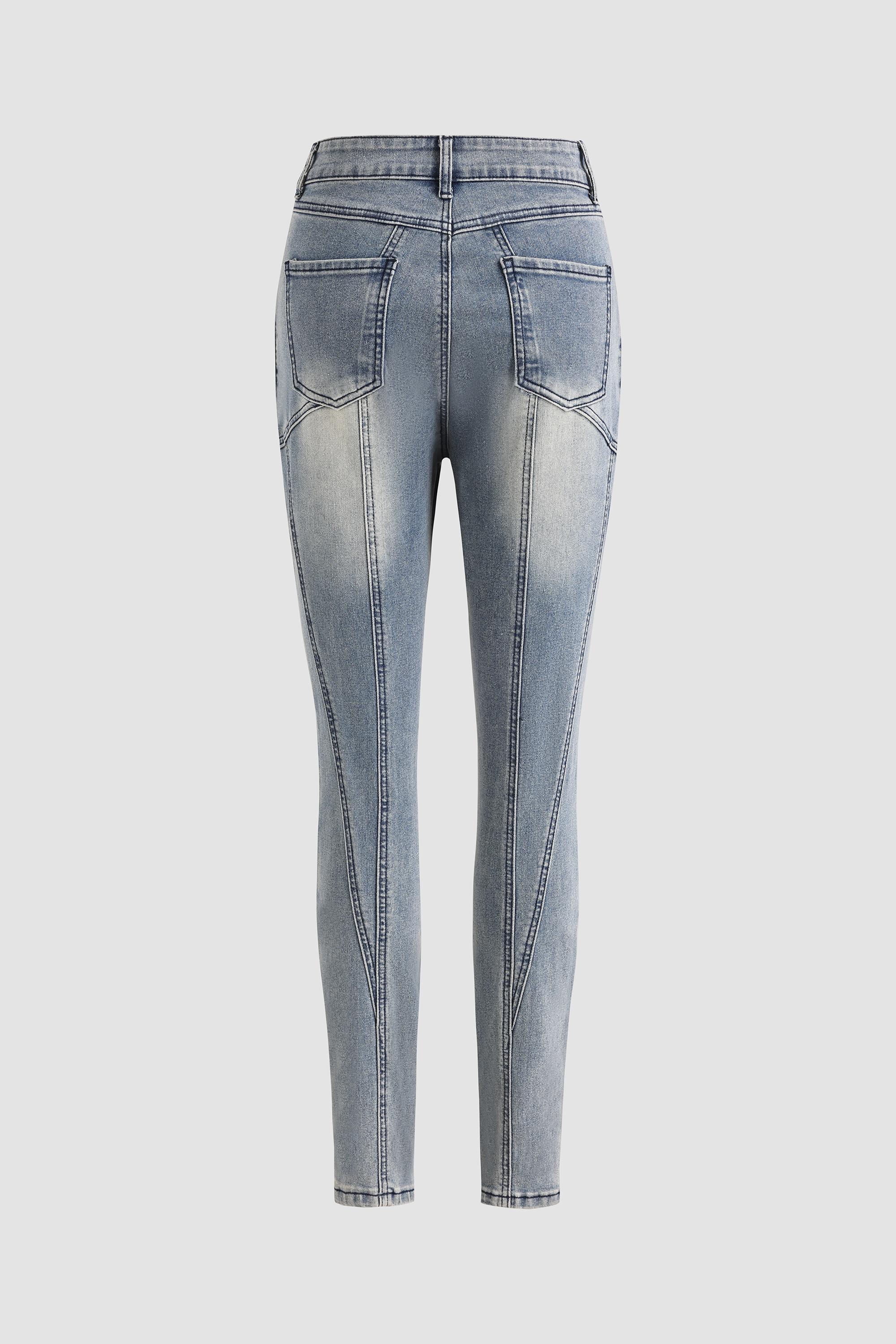 Elengatine Mid Rise Stretch Skinny Jeans - Medium Wash Women's Vintage Light Wash with Contrast Stitch Fit Bottom Fashionable All Seasons Below the Ankle Jeans for Trendy Streetwear and Daily Wear Pants Trouser