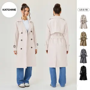 KatchMe Women's Versatile Solid Color Notch Lapel Double Breasted Detachable Belt Trench Coat, Fall & Winter Wrap Tie Waist Outerwear Jacket, Mid-Length Trench Coat