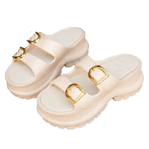 Women's Platform Slides 6cm Cushioned Sole Gold Buckles Adjustable Sandals Non-Slip Rugged Outsole Summer Beach Home Wear Comfortable Footwear