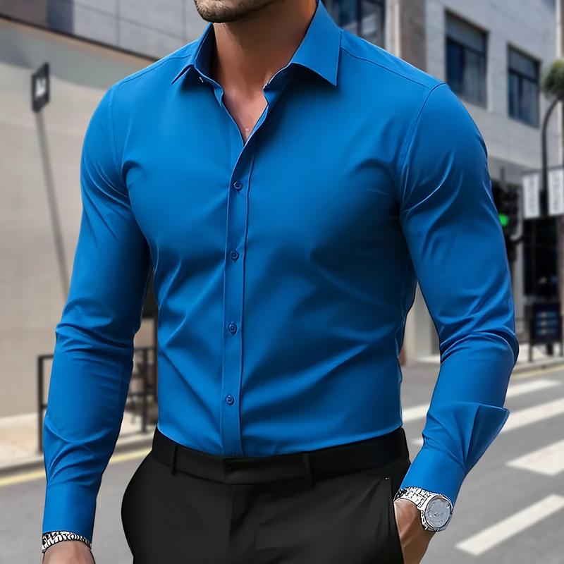 Men's Business Shirt - Simple and Minimalist Daily Wear for Work Settings. Durable and Long-lasting High-Quality Sewing. Smooth Texture. Classic Colors of Black, White and Blue. Breathable with Ice Silk Technology, No Sweating Problem.