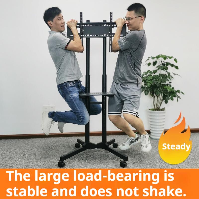Forged Mobile TV Stand. Suitable for 23-65-inch LCD/LED flat-panel/curved TVs. 15° tilt TV cart. Capacity up to 88 lbs. Portable stand with laptop holder. Rolls flat to the floor. Lockable wheels. Max VESA 400x400mm. HeightAdjustable Portable TVStand with