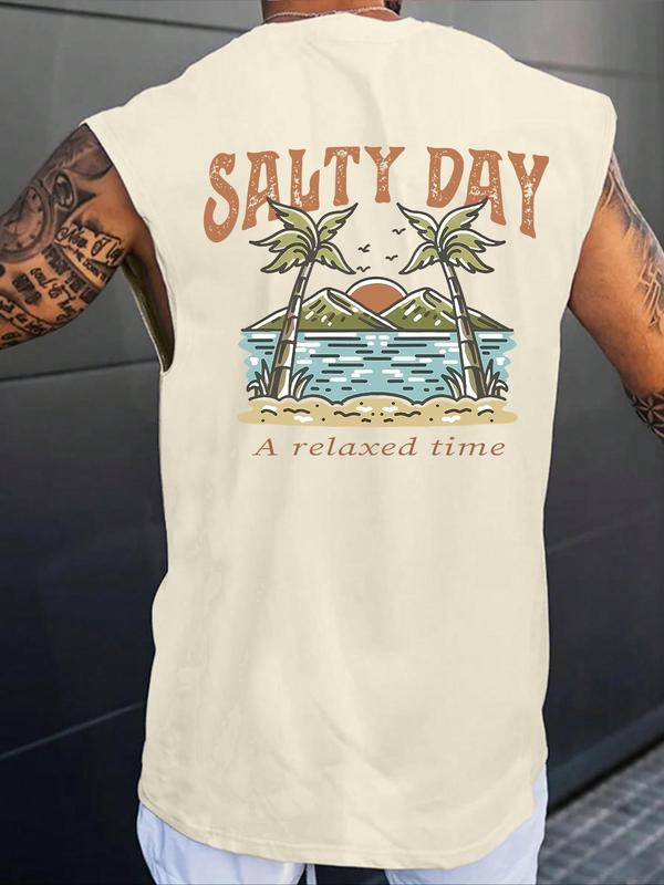 Men's Regular Fit Palm Tree & Mountain Print Tank Top, Casual Street Sleeveless Top for Daily Wear, Men's Clothes for All Seasons, Sleeveless Tank Tops, Socks