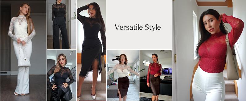 Popilush Essential Deep V-Neck Long Sleeve Bodysuit  Breathable Fabric Sheer Lace Turtleneck with Built-in Bra & Tummy Control Casual