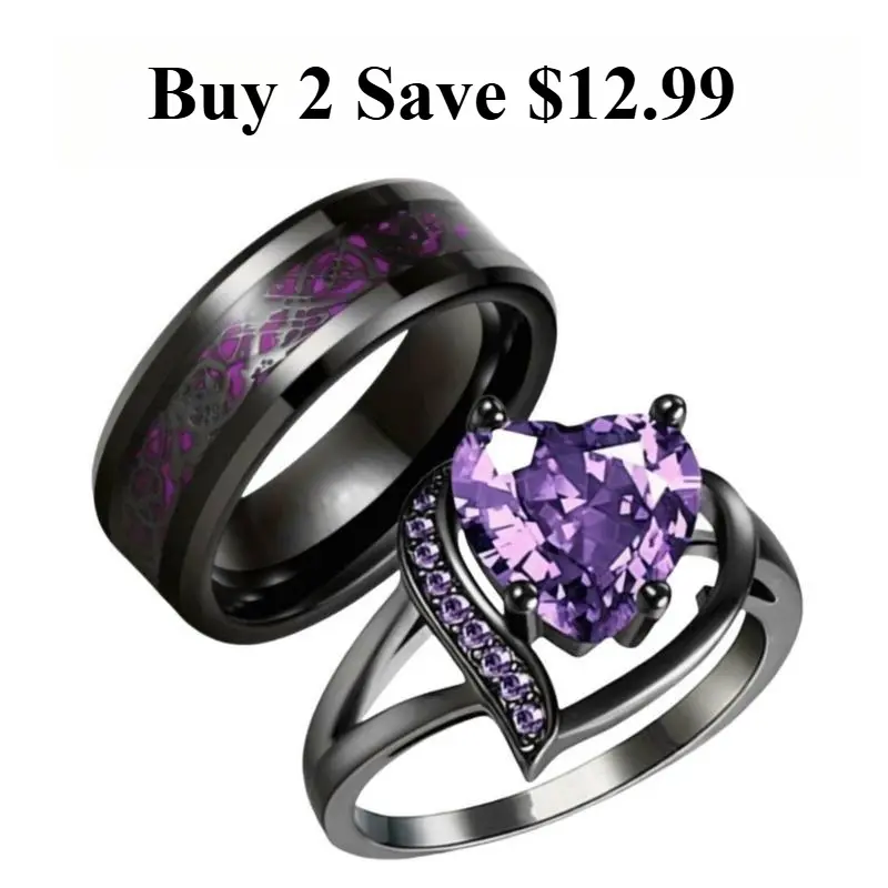 Customized Couple’s Promise Ring Set - Heart Design for Her, Scratch-Resistant Blue Dragon for Him, Vintage Purple/Red/Green Styles, Ideal for Anniversary & Engagement Gifts, Dragon Ring, Ideal For Anniversaries