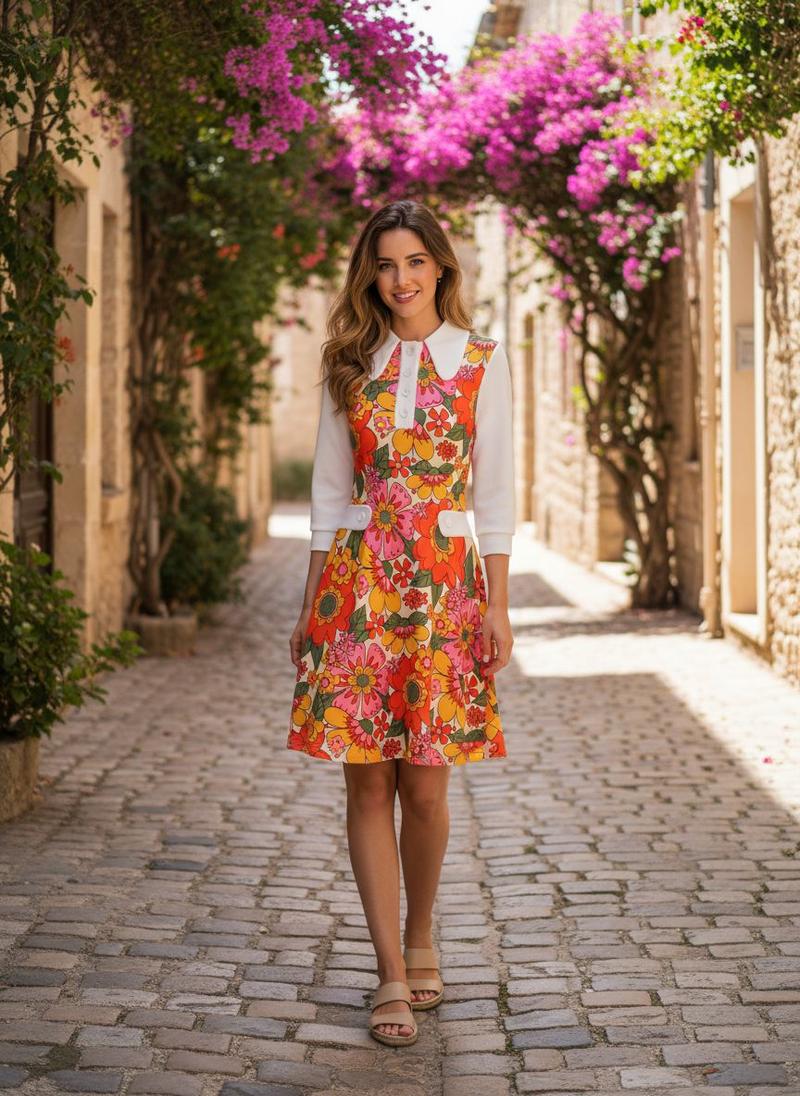 Orange 1960s Lapel Flowers Patchwork Dress Casual Boho Style Spring Holiday Floral Womenswear Holiday