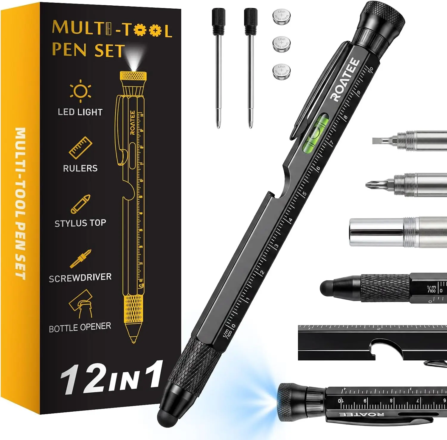 ROATEE Fathers Day Men Multi Tool Pen, 12 in 1 Cool Stuff Gadgets Gift for Husband Dad Birthday Personalized Gifts Fidget Construction Pen with Small Screwdriver, Level, Ruler,Led Light, Black