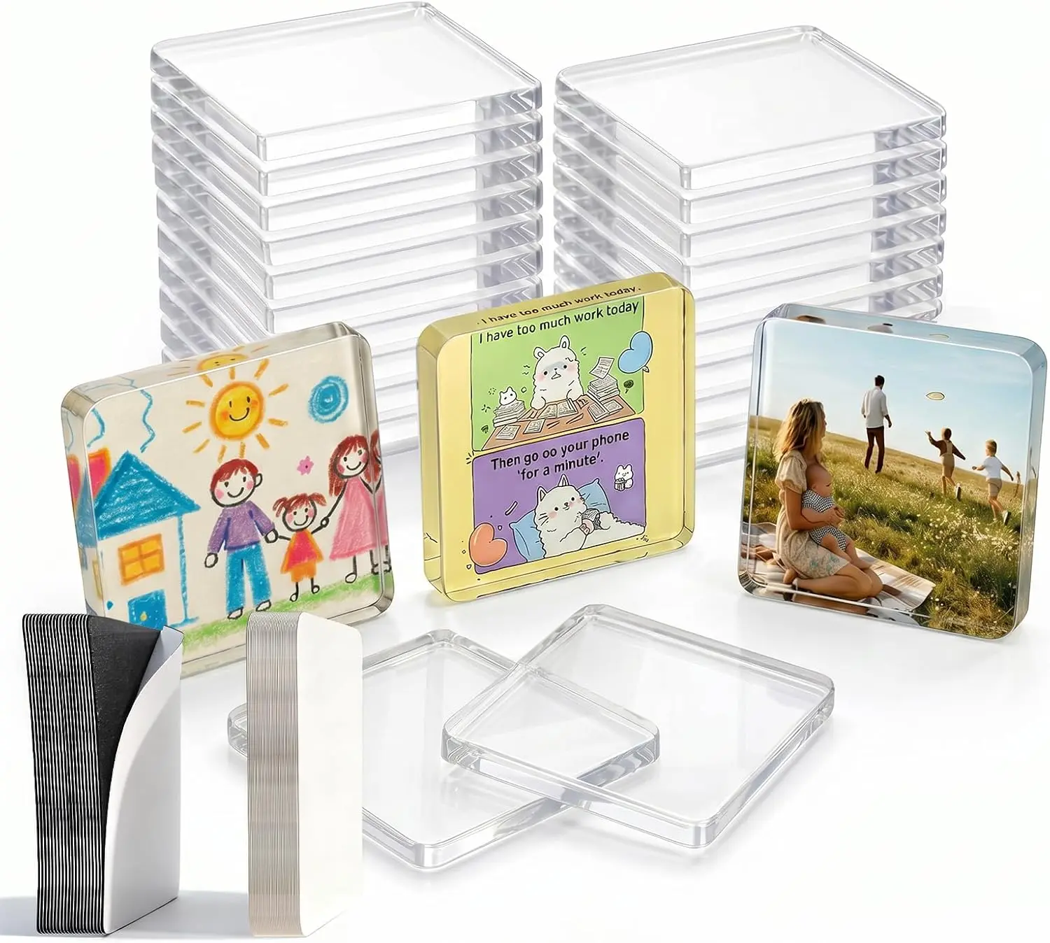 20 Pack 2"x2"x0.16" Clear Acrylic DIY Fridge Magnets Set with Adhesive Backing – Square Magnetic Photo Frames for Crafts, Kitchen, Classroom, Party & Office Decoration
