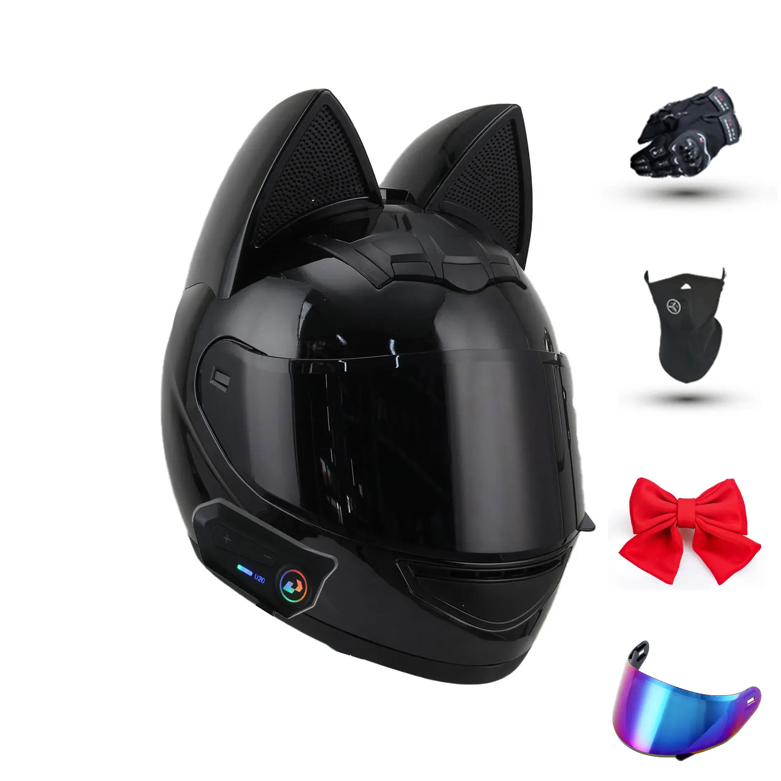 Uchoose Full Face Helmet with Bluetooth, DOT Approved Cool Cute Cat Ear Motorcycle Helmets for Women & Men, with Dual Visor, Chinstrap Full-Face Helmets