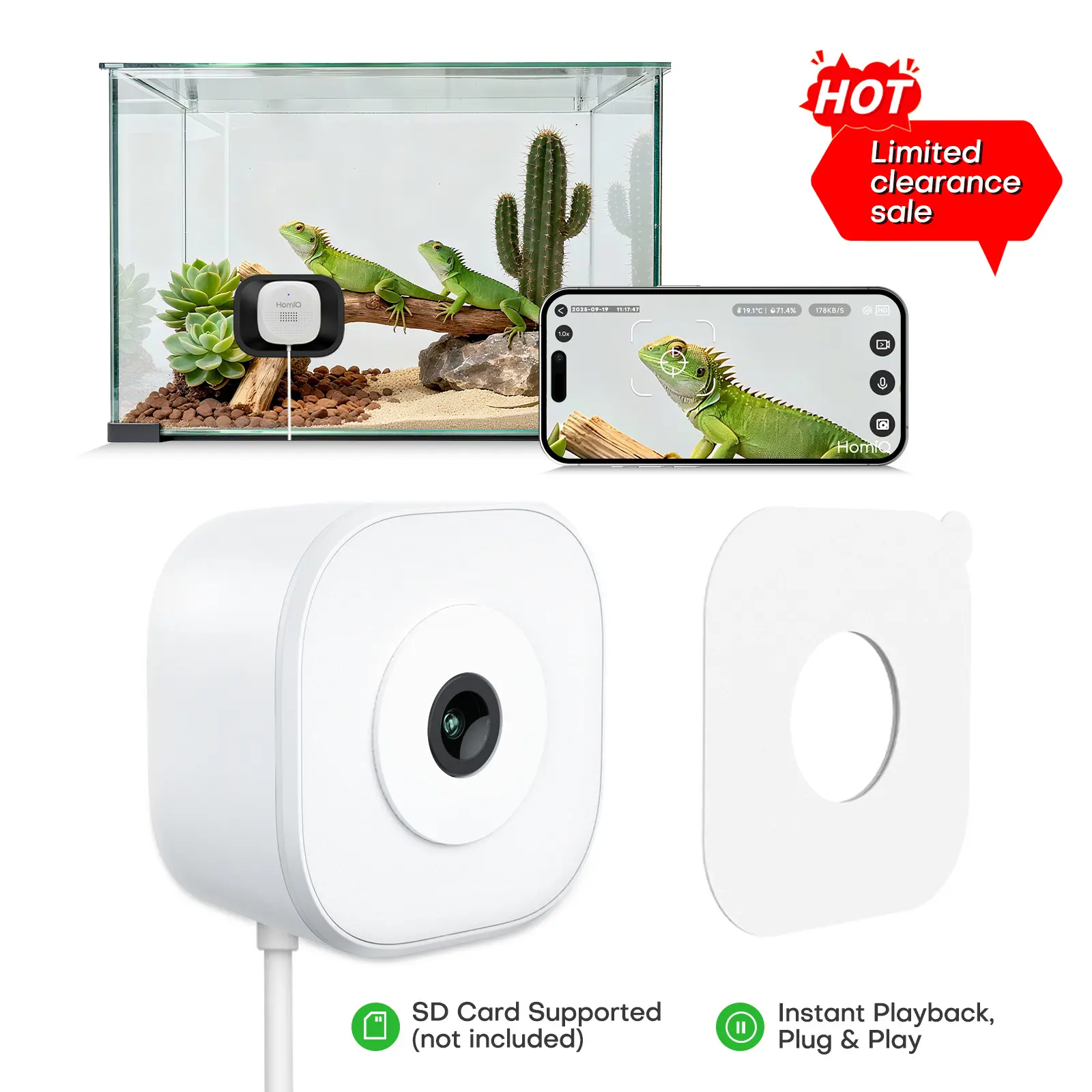 HomiQ 2K 3MP Aquarium & Terrarium Pet Camera.Magnetic Install &Close-Focus Lens for Fish,Lizard, Hamster, Chameleon, Gecko, Snakes, Reptile Pet and ,2.4GHz & 5GHz WiFi,ColorVue AI Night Vision,Auto-focus,24/7 Recording