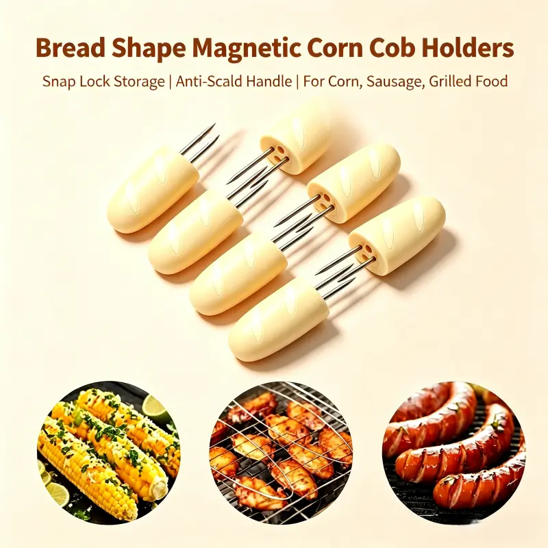 2-in-1 Corn Cob Holders Stainless Steel, Heat Resistant Corn on the Cob Forks with Snap-Lock Storage & Magnetic Fridge Sticker Design, Bread Shaped Non-Slip Corn Skewers for BBQ Grilling Kitchen Family Dinner Kids,kitchen corn gadgets