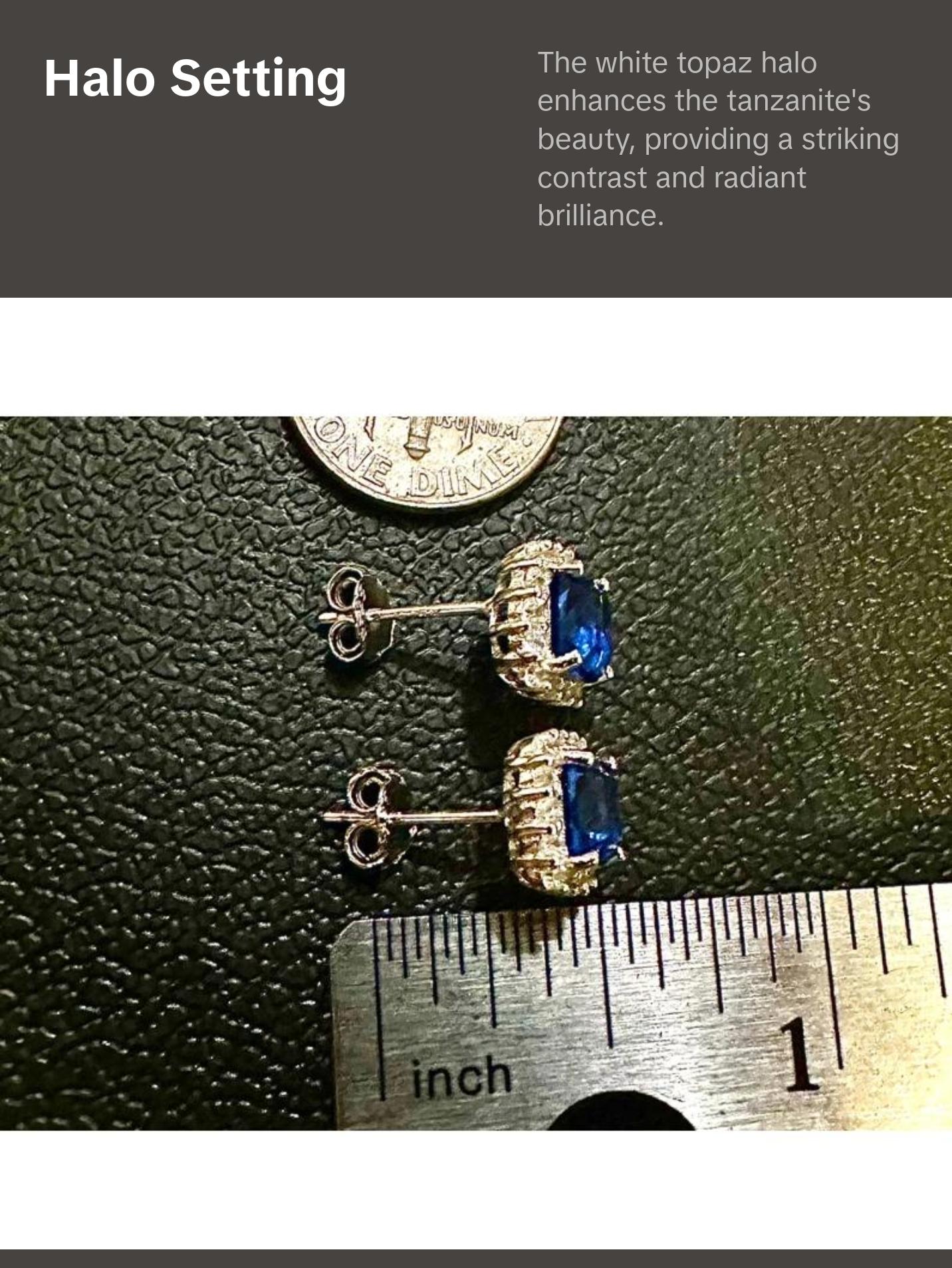 Cushion Cut Tanzanite and White Topaz Halo Studs 925 Sterling Silver Earrings