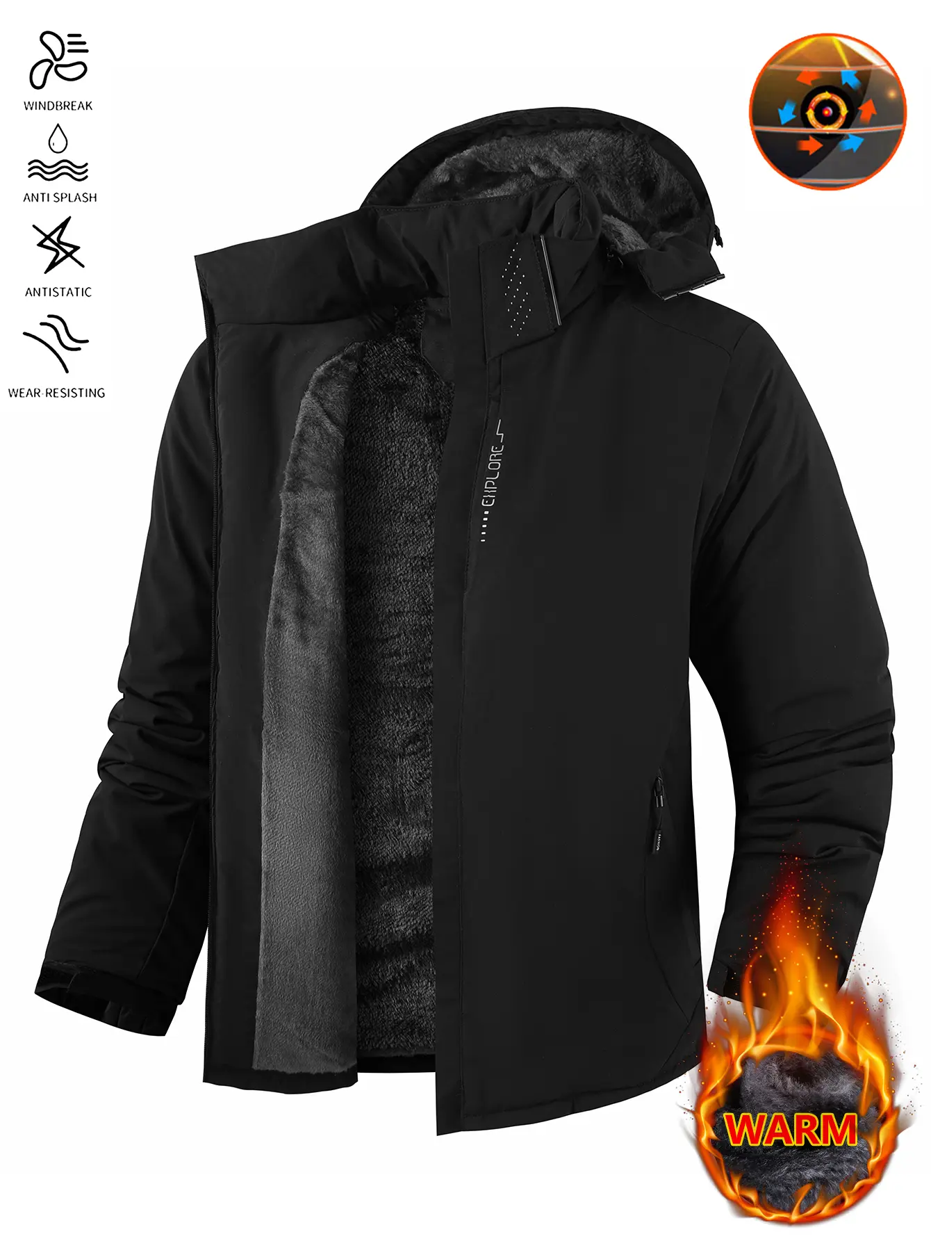 Men's Heavyweight Waterproof Hooded Ski Jacket with Lambswool Lining - Athletic Coat for Winter Camping, Hiking, Jackets, Fishing Equipment, Fitted, All-Weather Men's Fleece Jackets