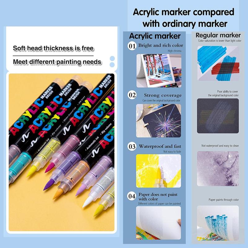 36 Color Acrylic Paint Pens, Soft Brush Tip Acrylic Paint Markers,Quick-Drying Waterproof Acrylic Markers for Canvas, Rock Painting, Wood, Stone, Glass, Ceramic, Fabric Painting, DIY Crafts